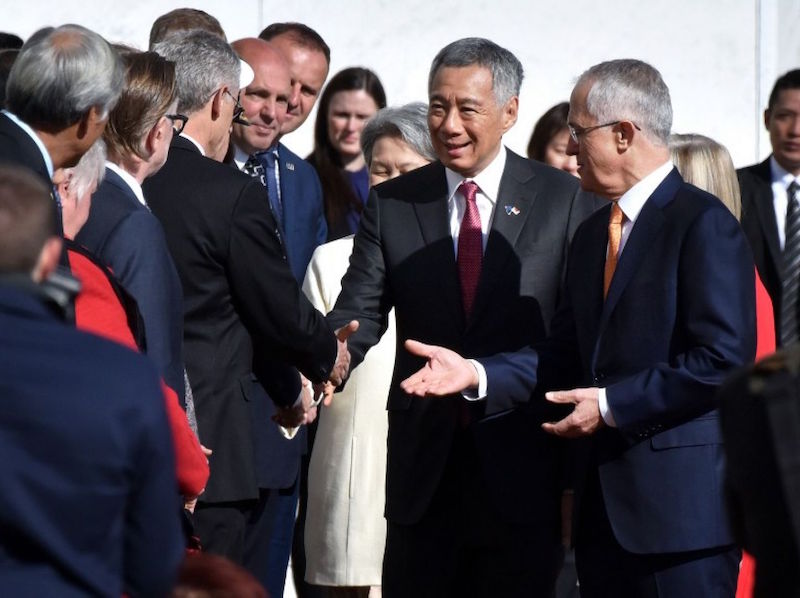 Prime Minister Lee Hsien Loong and Australian Prime Minister Malcolm Turnbull, with other members of the Australian Parliament, in Canberra. u00e2u20acu201du00c2u00a0AFP pic