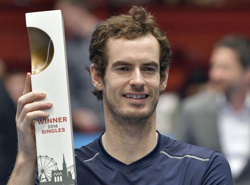 Andy Murray with his trophy after beating Jo-Wilfried Tsonga at the ATP Erste Bank Open tennis tournament in Vienna, on October 30, 2016. HANS PUNZ / APA / AFP