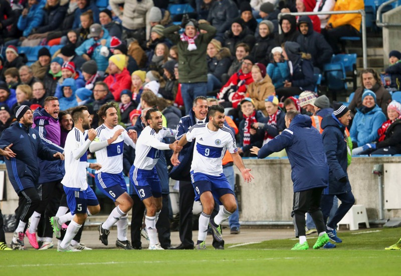 The San Marino team cheers after scoring a goal during their 2018 World Cup Qualifier match against Norway in Ullevaal Stadium, Oslo, Norway, November 10, 2016. u00e2u20acu201d Vidar Ruud/NTB Scanpix via Reuters  