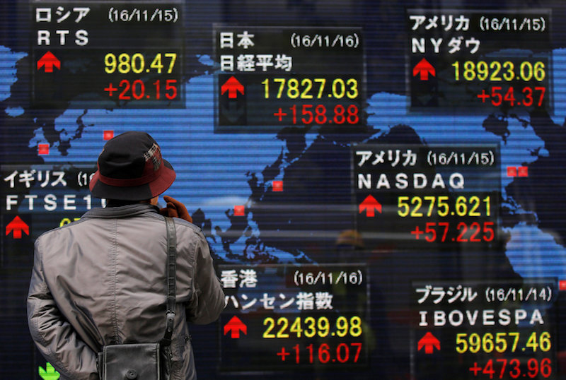 A man looks at an electronic board showing the stock market indices of various countries outside a brokerage in Tokyo November 16, 2016. u00e2u20acu201d Reuters pic