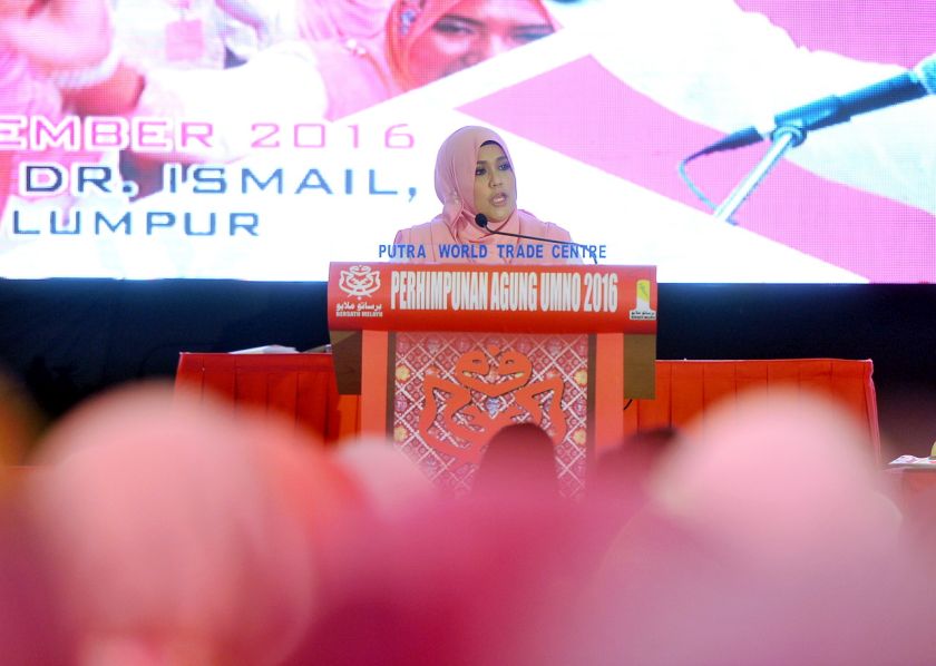 Puteri Umno chief Datuk Mas Ermieyati Samsudin delivers a speech during the 2016 Umno General Assembly at the Putra World Trade Centre in Kuala Lumpur November 30, 2016. u00e2u20acu201d Bernama pic