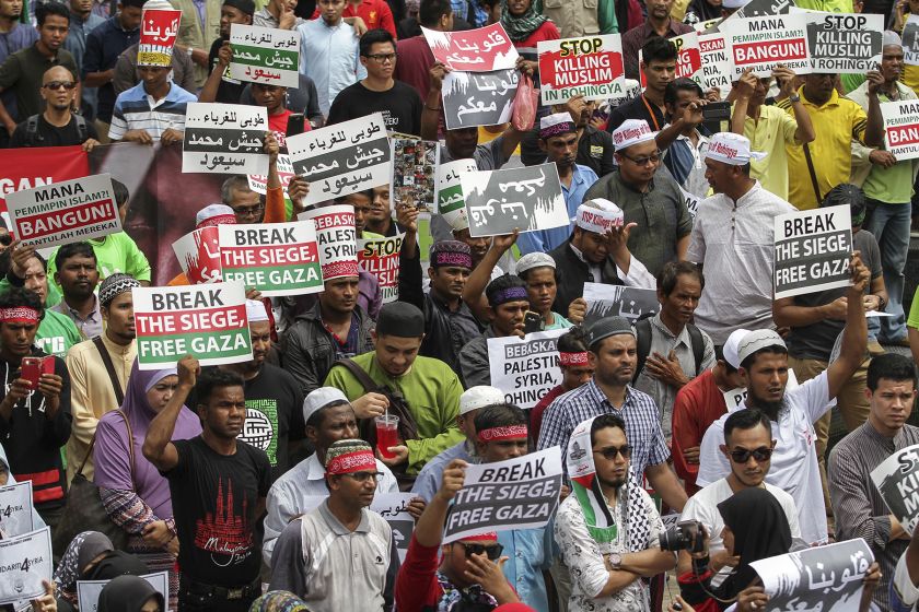 Malaysian activists and ethnic Rohingya protesters gather at the National Mosque to protest against the Myanmar government on violence against the Rohingya people. u00e2u20acu201d Picture by Yusof Mat Isa