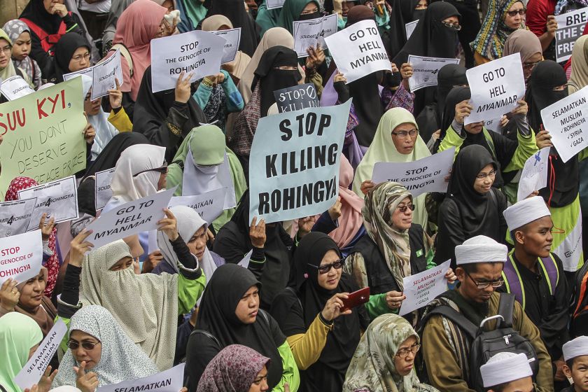 Malaysian activists and ethnic Rohingya protesters gather at the National Mosque to protest against the Myanmar government on violence against the Rohingya people. u00e2u20acu201d Picture by Yusof Mat Isa