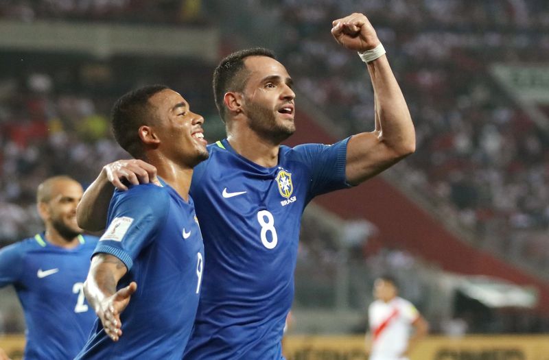 Brazil's Renato Augusto (No. 8) celebrates his goal with teammate Gabriel Jesus against Peru in a World Cup qualifier in Lima November 15, 2016. u00e2u20acu201d Reuters pic