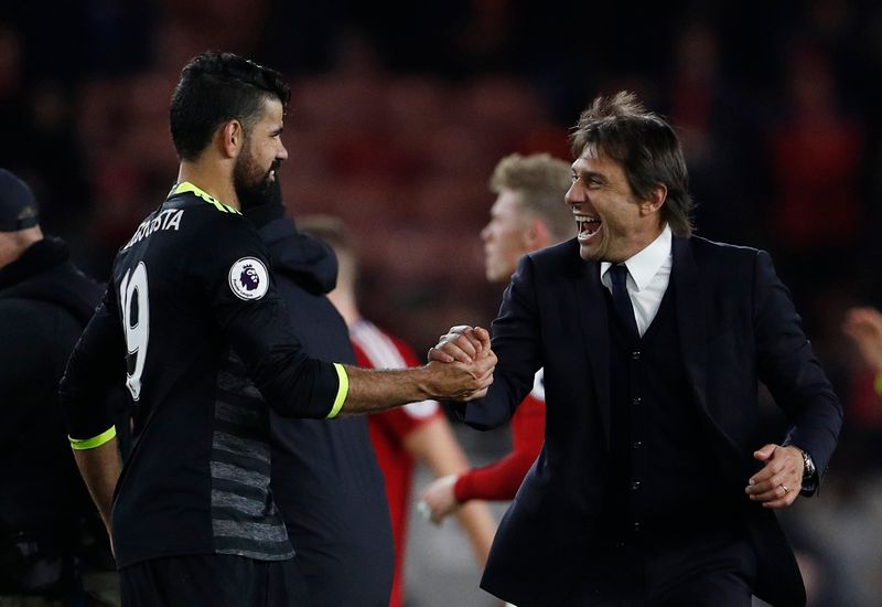 Chelsea manager Antonio Conte (right) and Diego Costa celebrate after the EPL match against Middlesbrough at the Riverside Stadium November 20, 2016. u00e2u20acu201d Reuters pic