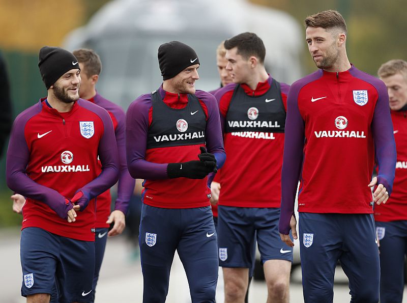 England's Jack Wilshere, Jamie Vardy and Gary Cahill arrive for training at Tottenham Hotspur Training Centre, November 14, 21016. u00e2u20acu2022 Action Images via Reuters/John Sibley Livepic