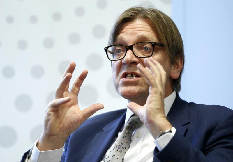 Guy Verhofstadt, former Belgian prime minister and leader of the liberals in the European Parliament, takes part in a debate on the future of Europe and the European Union at Thomson Reuters office in Brussels December 5, 2013. REUTERS/Yves Herman