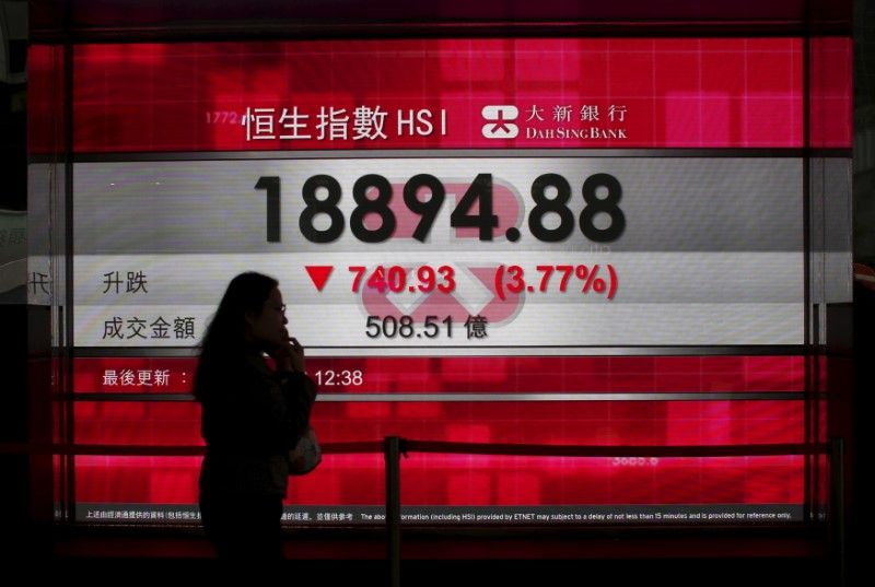 A woman talking on a mobile phone walks past a panel displaying the mid-day Hang Seng Index in Hong Kong January 20, 2016. u00e2u20acu201d Reuters pic