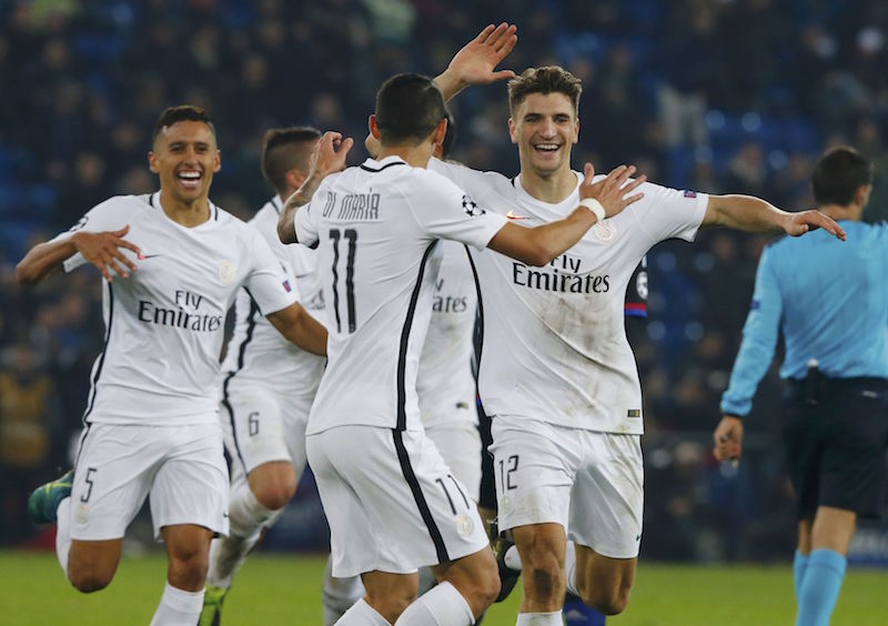 Paris St Germain's Thomas Meunier and team mates react after scoring second goal against Basel on November 1, 2016. u00e2u20acu201d Reuters pic