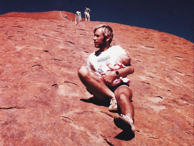 Michael Chamberlain holds baby Azaria on Uluru. It was the last photo taken of Azaria, hours before she was taken by a dingo.