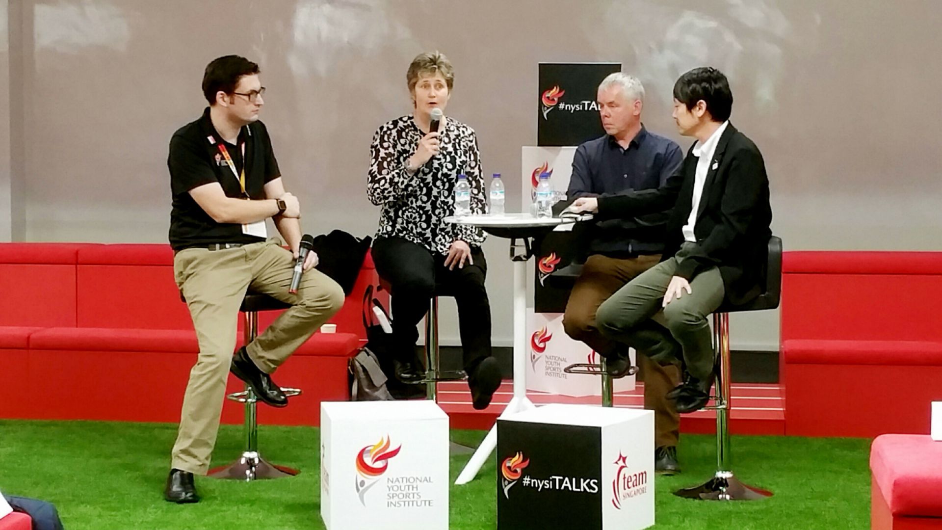 Youth athlete development experts Juanita Weissensteiner (second from left) and Johan Pion (third from left) discuss youth talent-spotting and development at the conference in Singapore.u00c2u00a0u00e2u20acu201d Picture courtesy of Low Lin Fhoong