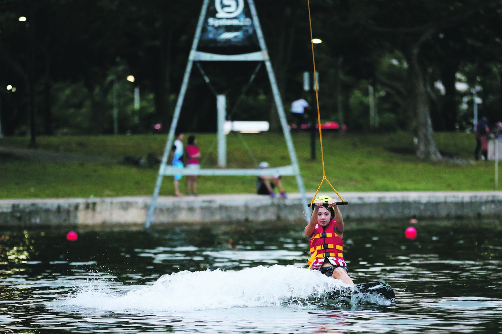 A rider trying out the new cable-ski system, System 2.0 that allows one rider at a single time. u00e2u20acu201d Picture courtesy of Singapore Wake Park 