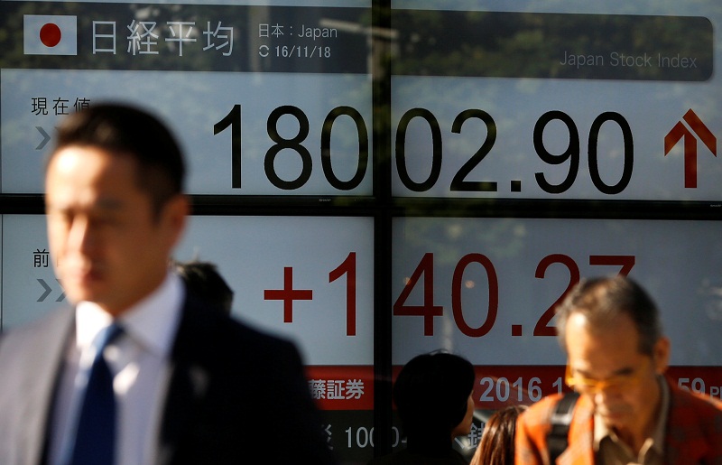 People walk past an electronic board showing Japan's Nikkei average outside a brokerage in Tokyo November 18, 2016. u00e2u20acu201d Reuters pic