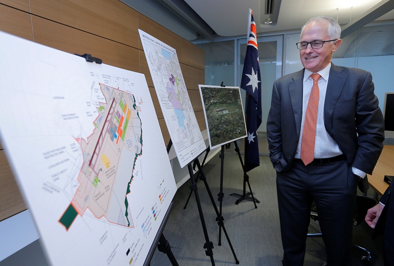 Australian Prime Minister Malcolm Turnbull observes a diagram of Sydneyu00e2u20acu2122s proposed second international airport, to be built in Sydneyu00e2u20acu2122s west at Badgerys Creek, December 12, 2016. u00e2u20acu201d Reuters pic