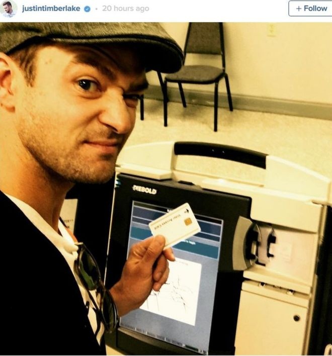 Pop star Justin Timberlake posted a selfie on Instagram of him about to cast his ballot during the US Presidential elections in November. u00e2u20acu201d Picture via Instagram/Justin Timberlake 