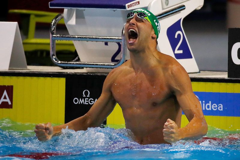 Chad Le Clos of South Africa reacts after winning the 100m Butterfly final with a world record time of 48.08 on day three of the 13th FINA World Swimming Championships (25m) at the WFCU Centre on December 8, 2016 in Windsor Ontario, Canada. u00e2u20acu201d AFP pic