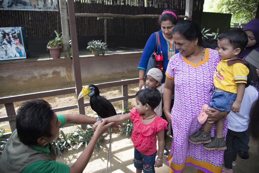 Visitors pose with a hornbill at the Penang Bird Park. — Picture by K.E.Ooi