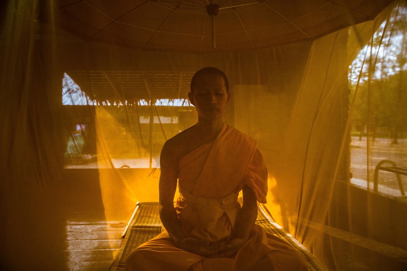 A novice monk takes part in evening mediation, under his mosquito net, in the monastery within Wat Dhammakaya in Bangkok, December 12, 2016. u00e2u20acu201d NYT pic 