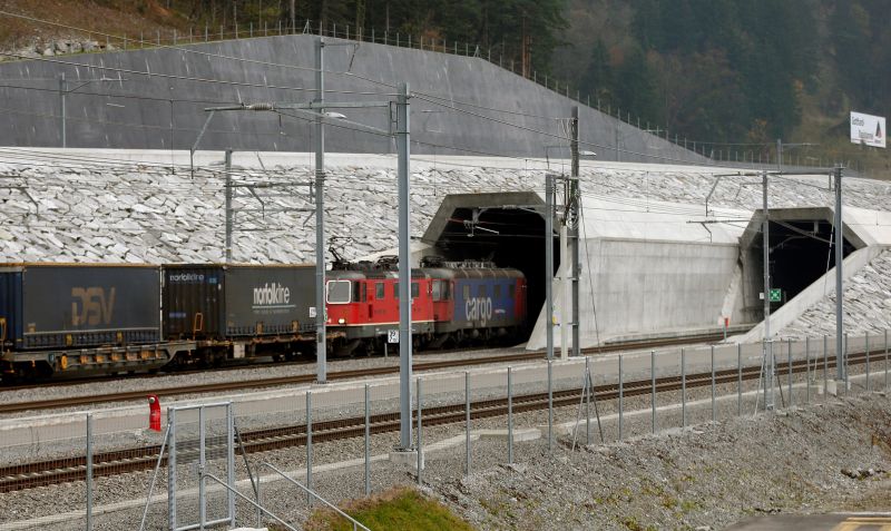 A cargo train of Swiss railway operator SBB drives into the northern gates of the NEAT Gotthard Base Tunnel, the world's longest train tunnel, during a test run, near the town of Erstfeld, Switzerland November 14, 2016. u00e2u20acu201d Reuters pic