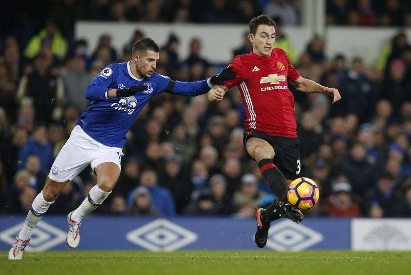 Manchester Unitedu00e2u20acu2122s Matteo Darmian in action with Evertonu00e2u20acu2122s Kevin Mirallas during their Premier League match at Goodison Park, Liverpool December 4, 2016. u00e2u20acu201d Reuters pic