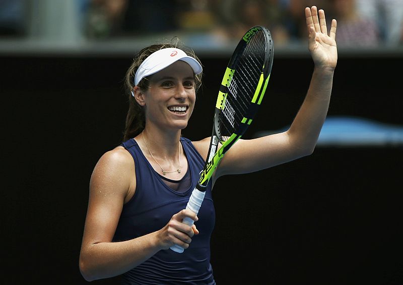 Britain's Johanna Konta celebrates winning her Women's singles fourth round match against Russia's Ekaterina Makarova, January 23, 2017. u00e2u20acu2022 Reuters pic
