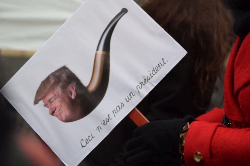 A placard in protest of Donald Trump's appointment as president of the United States is seen during during the Barcelona Women's March. — Picture courtesy of Irene Boering 