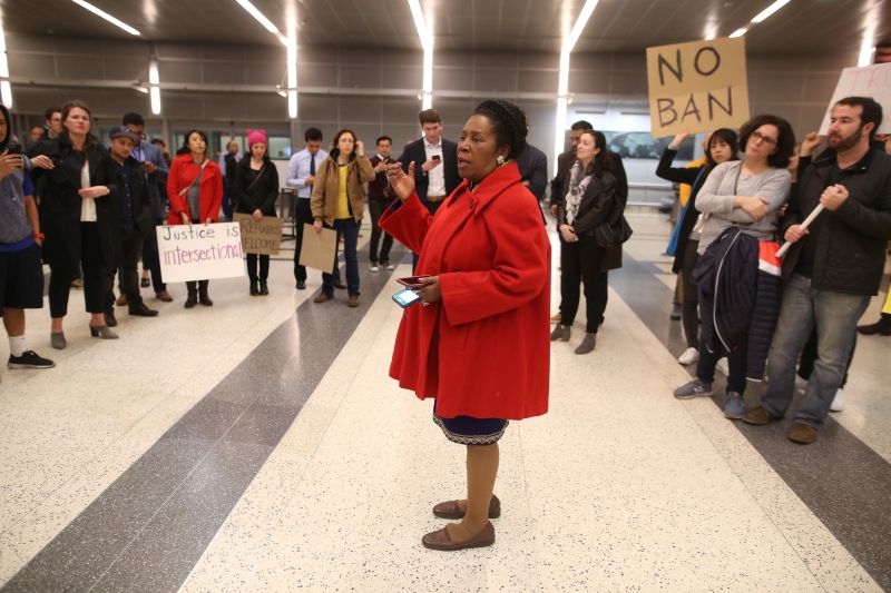 US Representative Sheila Jackson Lee speaks to protesters at George Bush Intercontinental Airport in Houston January 28, 2017. u00e2u20acu2022 Reuters pic