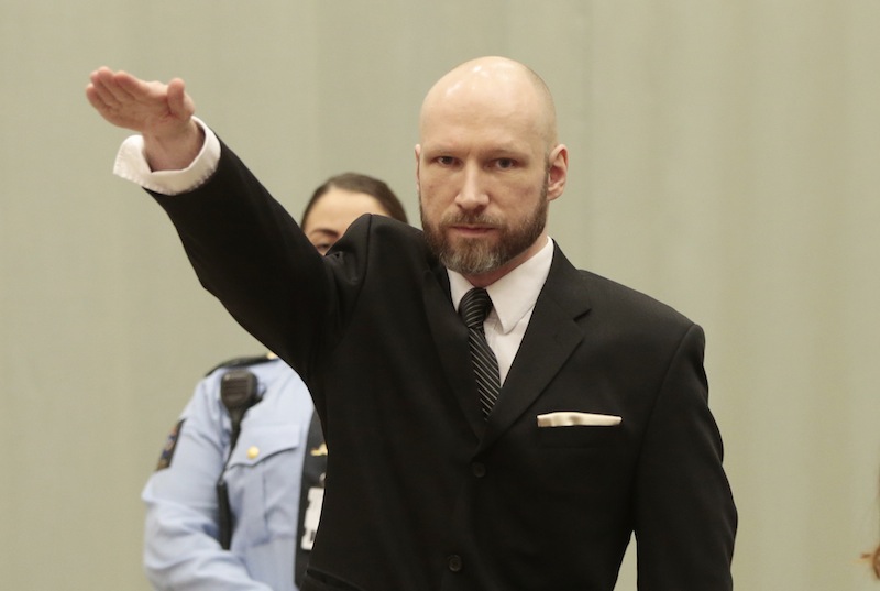 Norwegian mass murderer Anders Behring Breivik makes a Nazi salute ahead of his appeal hearing at a court at the Telemark prison in Skien, Norway, on January 10, 2017. u00e2u20acu201d AFP pic