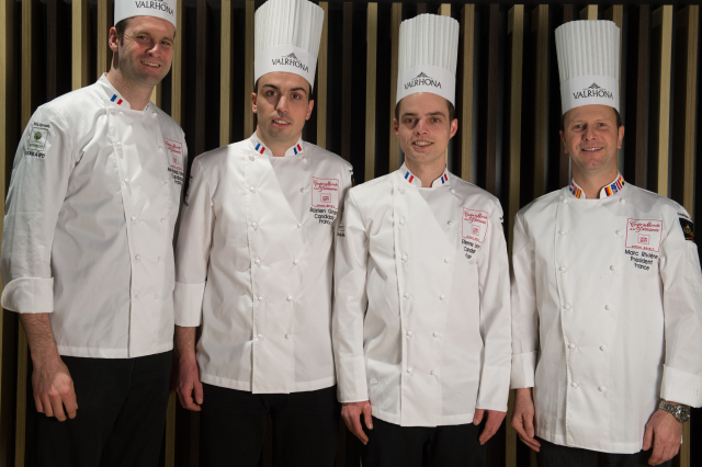 The 2017 French team at the World Pastry Cup: from left to right, Jean-Thomas Schneider, Bastien Girard, and Etienne Leroy with Club France President Marc Riviu00c3u00a8re. u00e2u20acu201d AFP pic