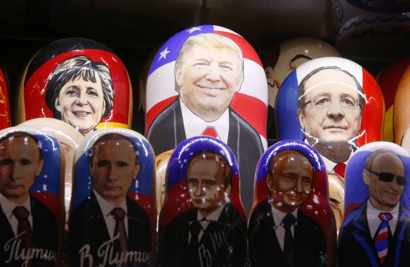 Painted Matryoshka dolls, or Russian nesting dolls, bearing the faces of Donald Trump and Russian President Vladimir Putin displayed for sale at a souvenir shop in central Moscow November 7, 2016. — Reuters pic