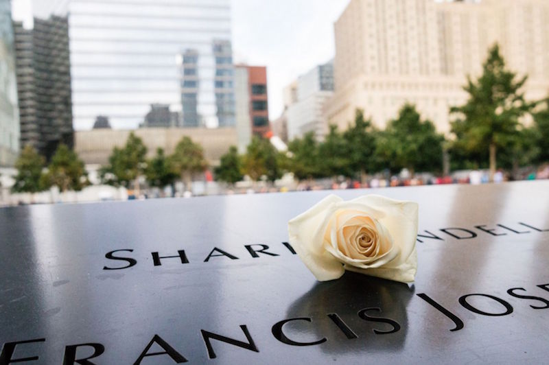 At the 9/11 memorial. A single white rose signifies a victim’s birthday. — TODAY pic
