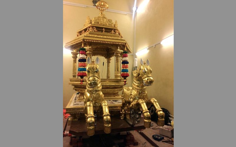A gold-plated chariot worth RM3 million is ready for the procession with Lord Murugan's vel (spear) on February 8, 2017 in conjunction with the Thaipusam celebration in George Town. u00e2u20acu201d Bernama pic