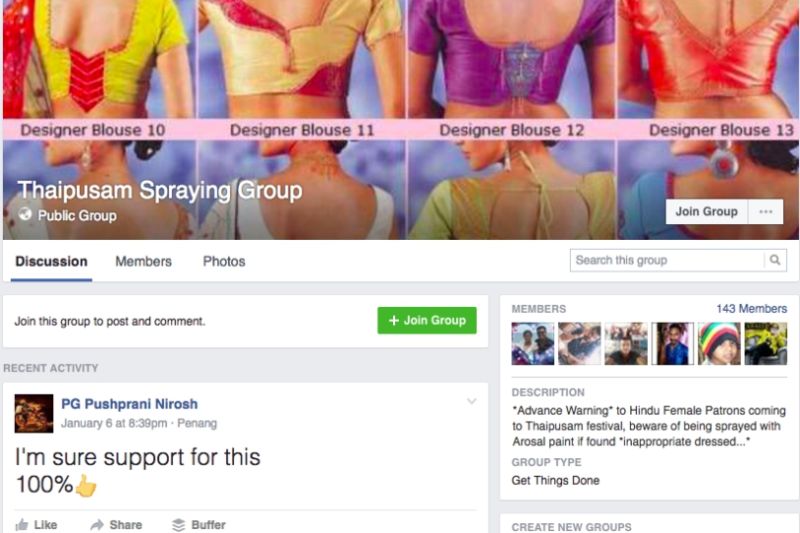 A screen capture of the u00e2u20acu02dcThaipusam Spraying Group'su00e2u20acu2122 Facebook page. 