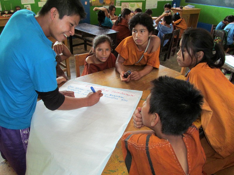 Undated picture released on January 31, 2017 by the General Direction of Intercultural Bilingual and Rural Education of the Peruvian Ministry of Education (DIGEIBIRA) of Amazonian children participating in activities designed to practice their native lang
