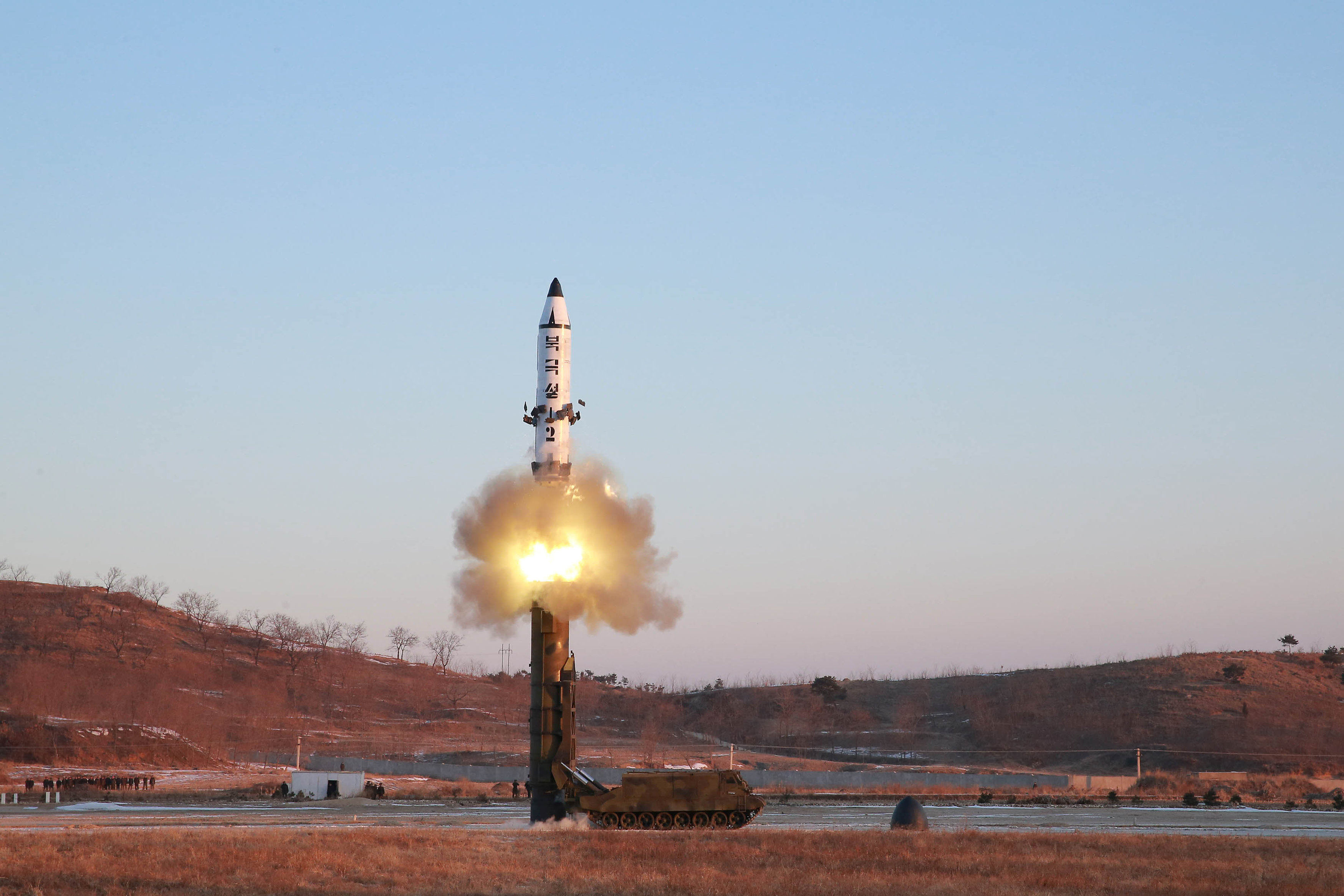 A view of the test-fire of Pukguksong-2 guided by North Korean leader Kim Jong Un on the spot, in this undated photo released by North Korea's Korean Central News Agency (KCNA) in Pyongyang February 13, 2017. KCNA/Handout via Reuters ATTENTION EDITORS - T