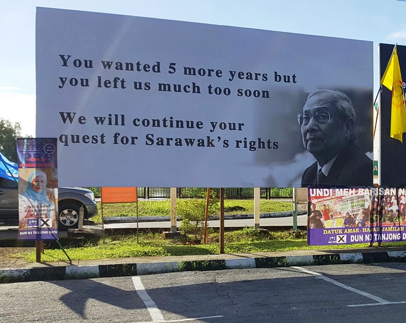 A huge billboard erected at the Lundu town square with a stark reminder of what the late Chief Minister Tan Sri Adenan Satem wished to do but could not accomplish following his demise in January. Picture taken February 17, 2017. u00e2u20acu201d Picture by Sulok Tawie