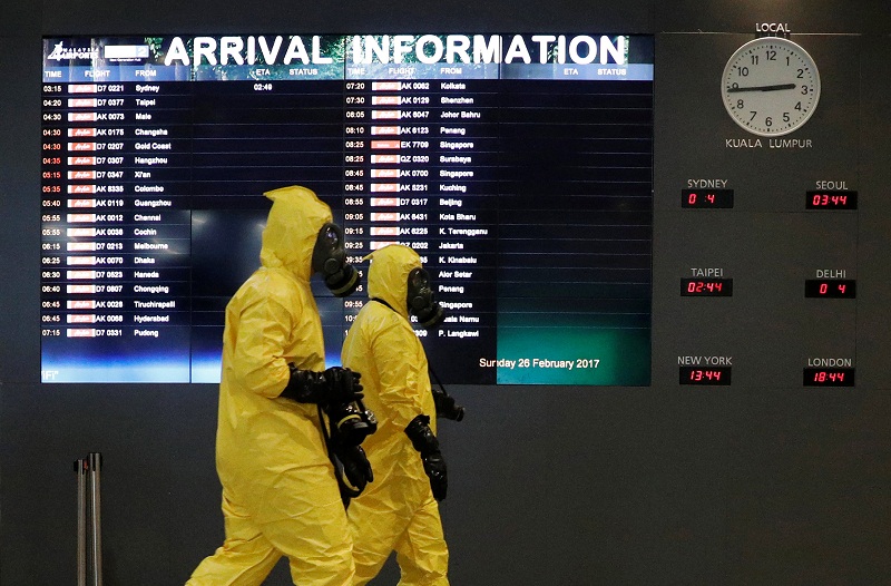 A Hazmat team conducts checks at KLIA2 airport terminal in Sepang February 26, 2017. u00e2u20acu201d Reuters pic