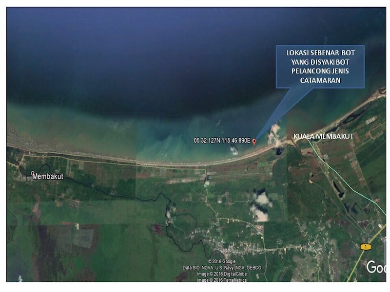 Aerial view of where the catamaran capsized last month. ― Photo courtesy of MMEA