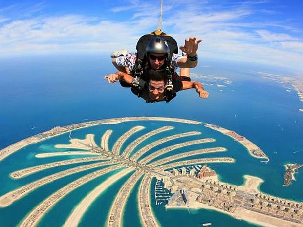 Skydive Dubai takes you on a plane at an altitude of almost 4,000m, where you jump and experience a free fall for around a minute before your instructor pops the chute.  —  Dubai Tourism handout via TODAY