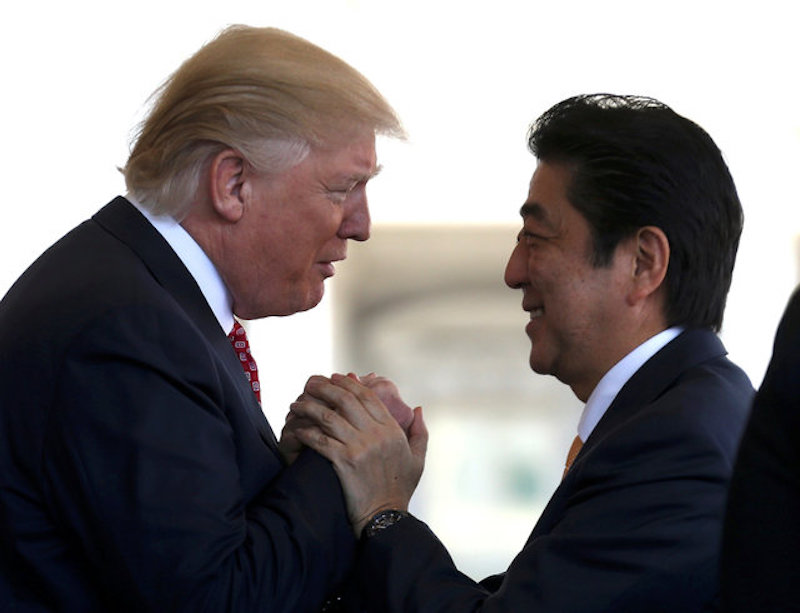 Japanese Prime Minister Shinzo Abe is greeted by US President Donald Trump ahead of their joint news conference at the White House in Washington February 11, 2017. u00e2u20acu201d Reuters pic