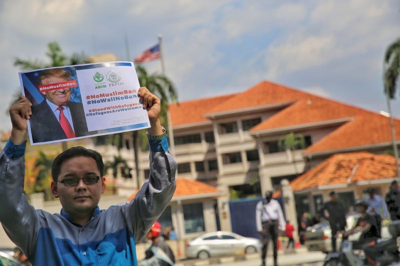 Malaysians demonstrating against the temporary US immigration ban on citizens from seven Muslim-majority countries, outside the US Embassy in Kuala Lumpur, February 3, 2017. u00e2u20acu201d Picture by Saw Siow Feng