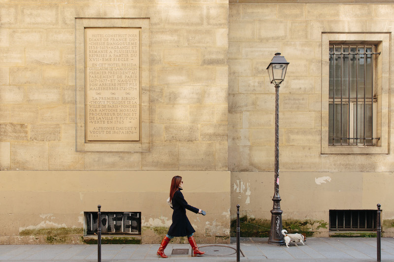 A woman walks her dog past the Hotel de Lamoignon, one of the oldest mansions in Paris January 26, 2017. — Picture by Alex Cretey-Systermans/The New York Times