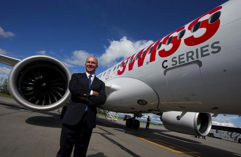 Alain Bellemare, CEO Bombardier Inc, poses in front of a CSeries Aircraft following a demonstration flight to mark its first delivery to Swiss International Air Lines in Mirabel, Quebec, June 29, 2016.u00c2u00a0u00e2u20acu201d Reuters pic