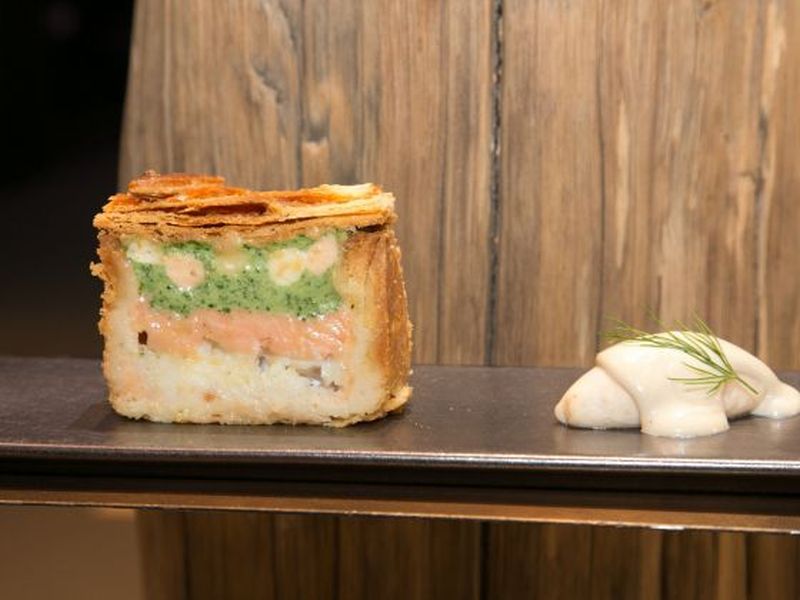 Foo and Heuberger's sides: Trout and Cod in Pastry Croute and Scallop Quenelle and White Wine Sauce. 