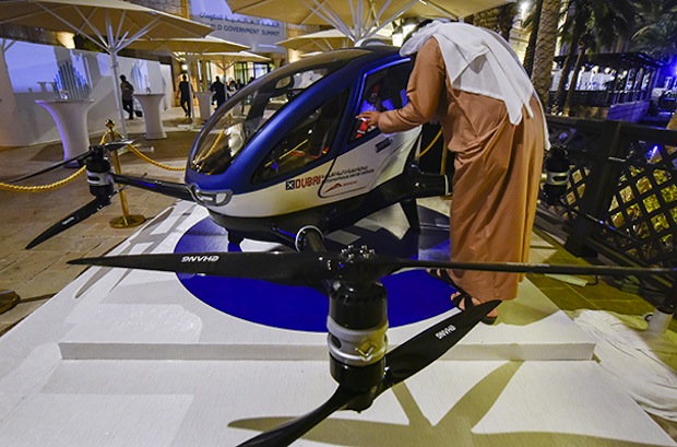 The EHang 184 autonomous aerial vehicle is displayed at the World Government Summit 2017. u00e2u20acu201d AFP pic