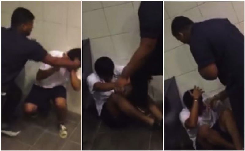 The 75-second clip showed a student, clad in black, kicking and raining blows on a smaller-built student in a corner of the toilet. u00e2u20acu201du00c2u00a0Screengrab taken from Soniya Raj/Facebook