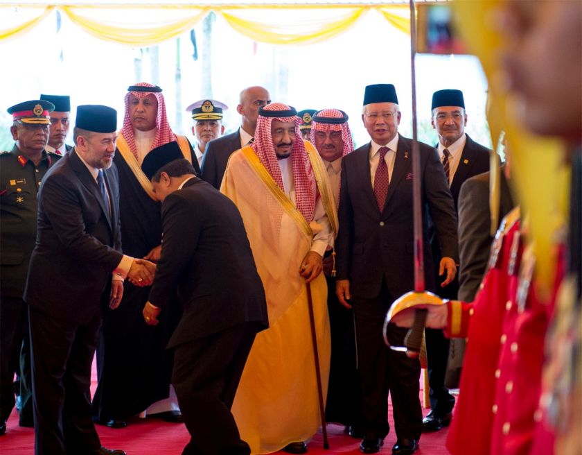 Saudi Arabia's King Salman (centre) stands next to Malaysia's Prime Minister Najib Razak (second from right) and Malaysia's Sultan Muhammad V (second from left) during a welcoming ceremony in Kuala Lumpur, Malaysia, February 26, 2017. u00e2u20acu201d Reuters pic