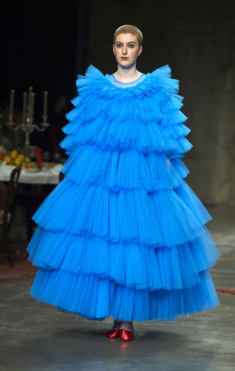 A model presents a creation from the Molly Godard Fall/Winter 2017 collection during London Fashion Week. — AFP pic