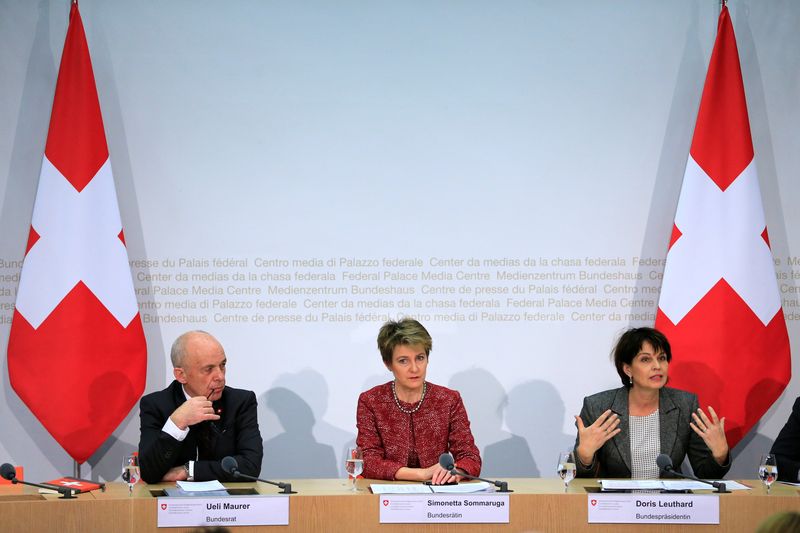 (From left) Swiss Finance Minister Ueli Maurer, Swiss Justice Minister Simonetta Sommaruga and Swiss President Doris Leuthard attend a news conference after the vote on the Corporate Tax Reform Act III in Bern, February 12, 2017. u00e2u20acu201d Reuters pic