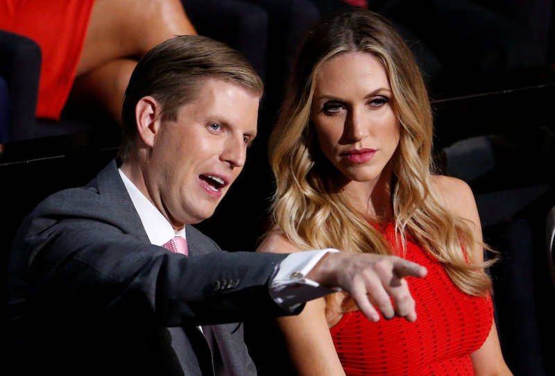 Donald Trumpu00e2u20acu2122s son Eric Trump and his wife Lara watch the proceedings during the third day of the Republican National Convention in Cleveland, Ohio, July 20, 2016. u00e2u20acu201d Reuters pic